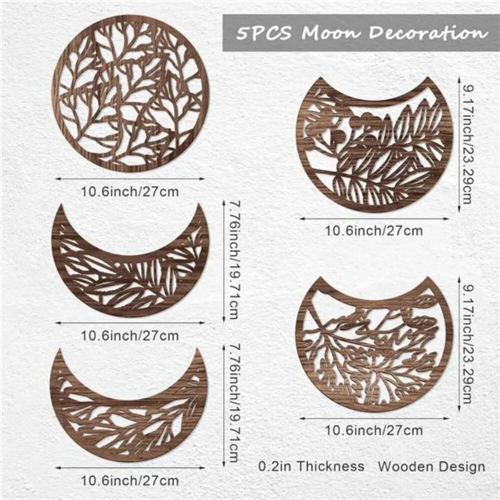 Jetec 5 Pcs Moon Phase Wall Art Decor Wall Pediments Hanging Wooden Phase